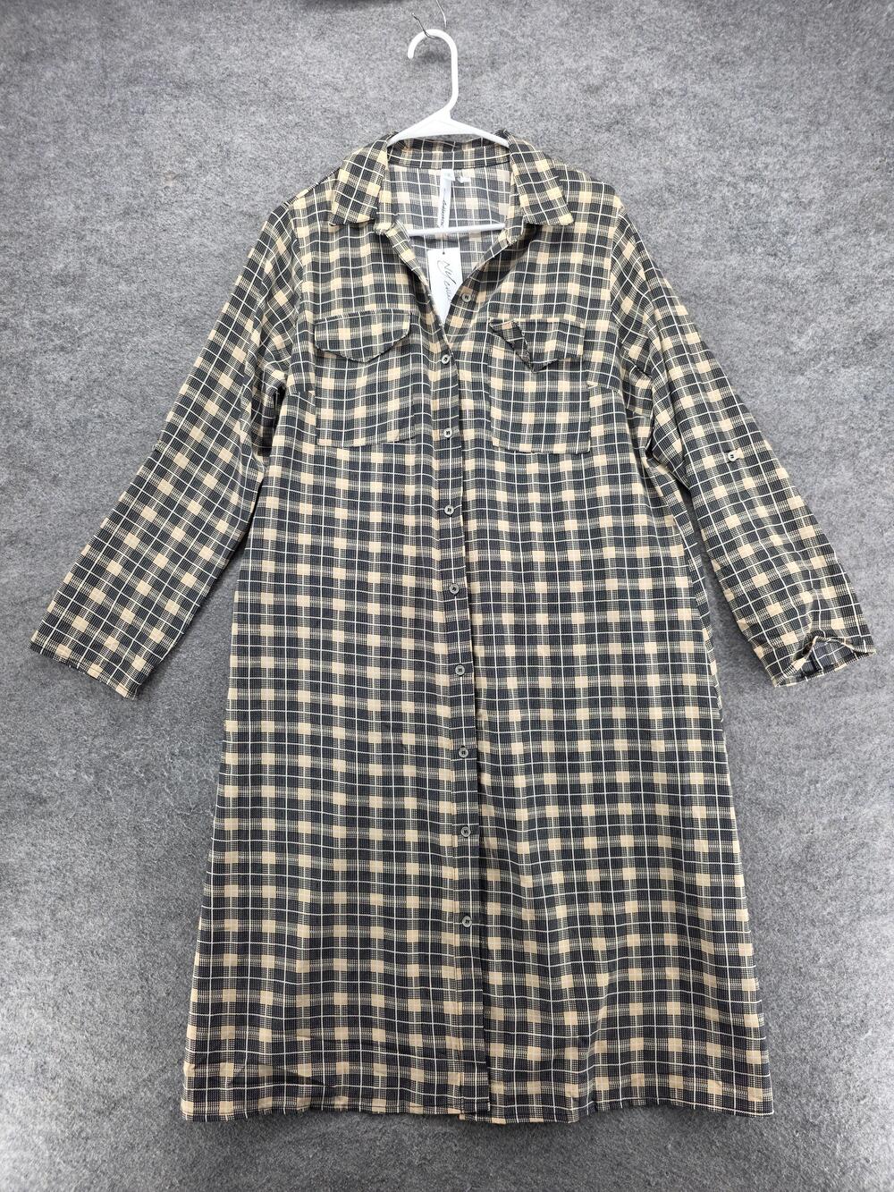 NY Collection Dress Womens Large Black Plaid Button Front Shirt Midi Long Sleeve